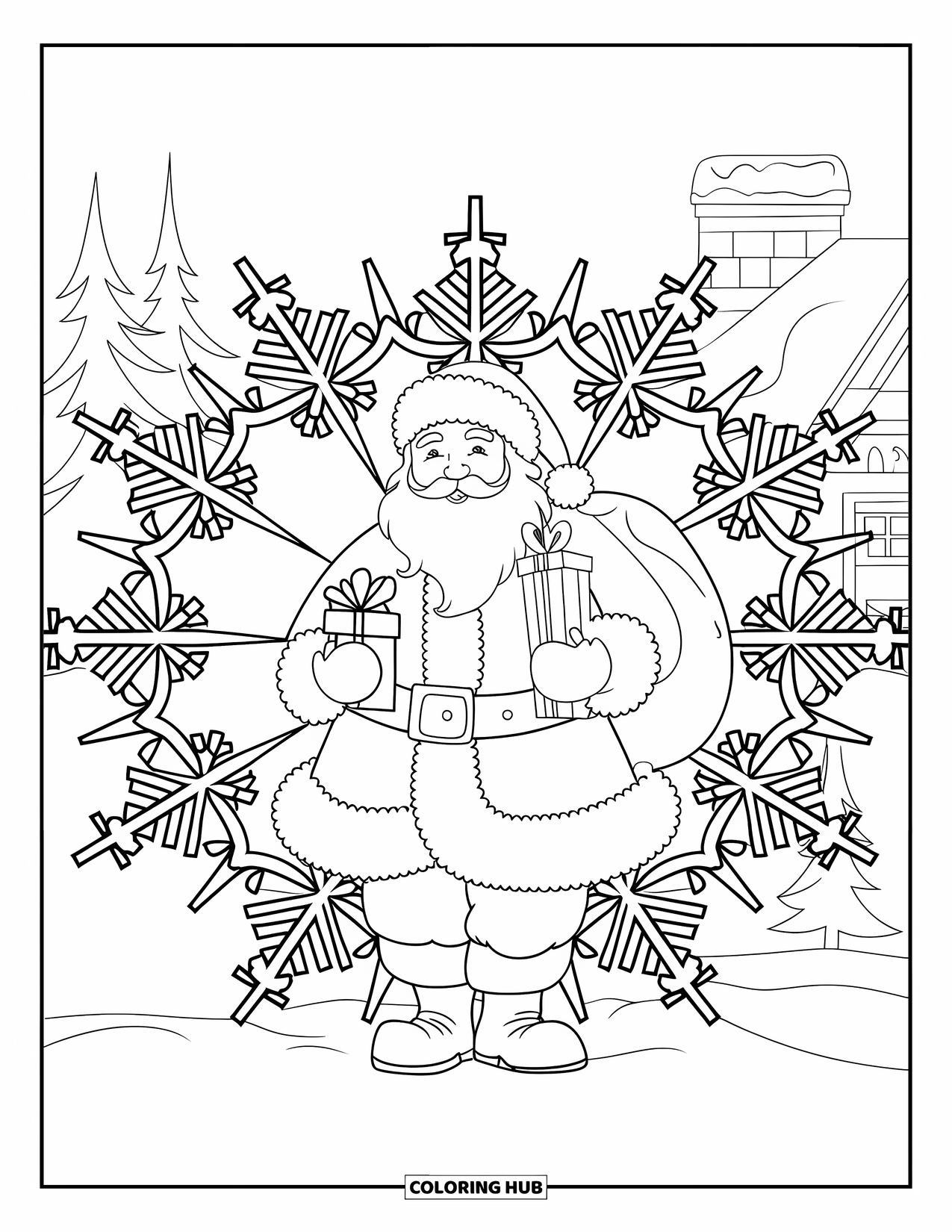 Santa And Reindeer Coloring Page for Adults: Santa holds a gift bag as a snowflake mandala shines around him