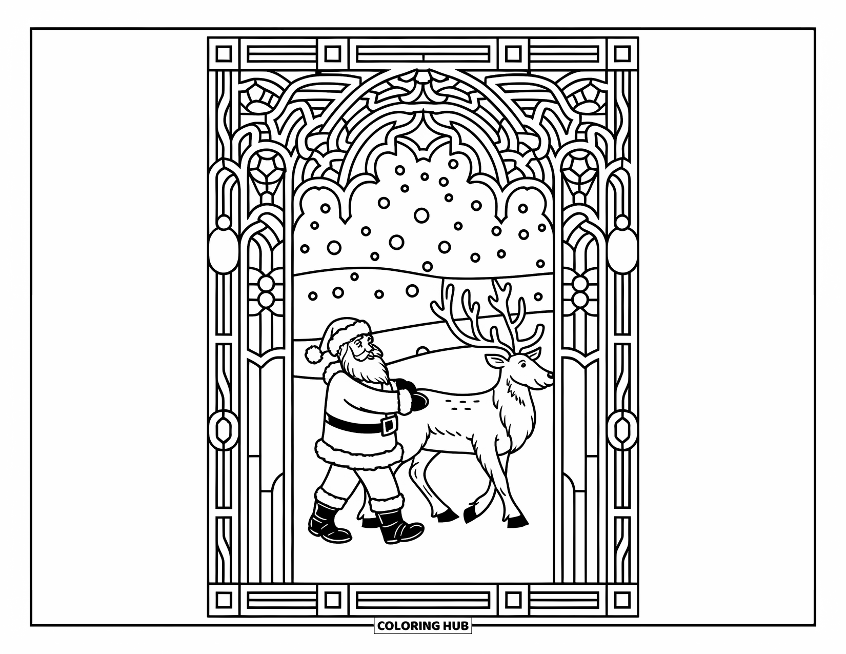 Santa And Reindeer Coloring Page for Adults: Santa leads his reindeer through a glowing doorway framed in stained-glass