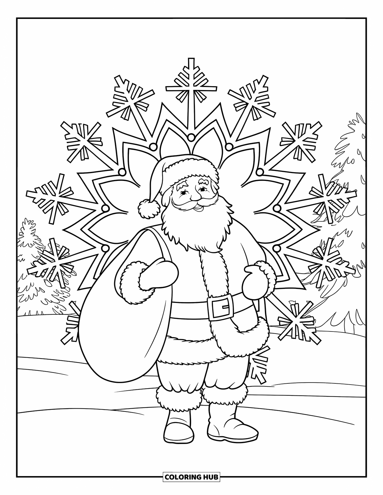 Santa And Reindeer Coloring Page for Adults: Santa stands in snow surrounded by trees and a glowing snowflake mandala