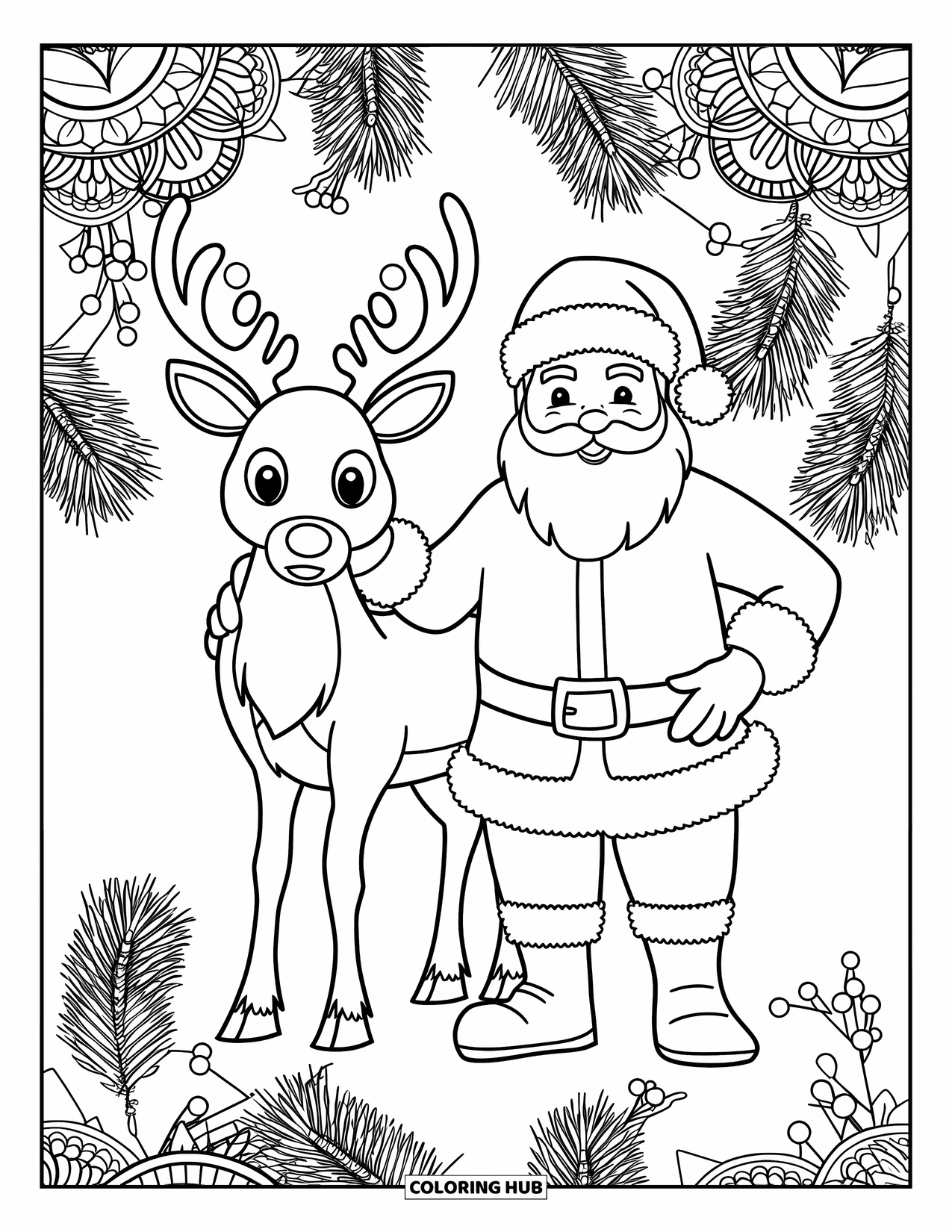 Santa And Reindeer Coloring Page for Adults: Santa stands with his reindeer in a circle of pine, berries, and snow