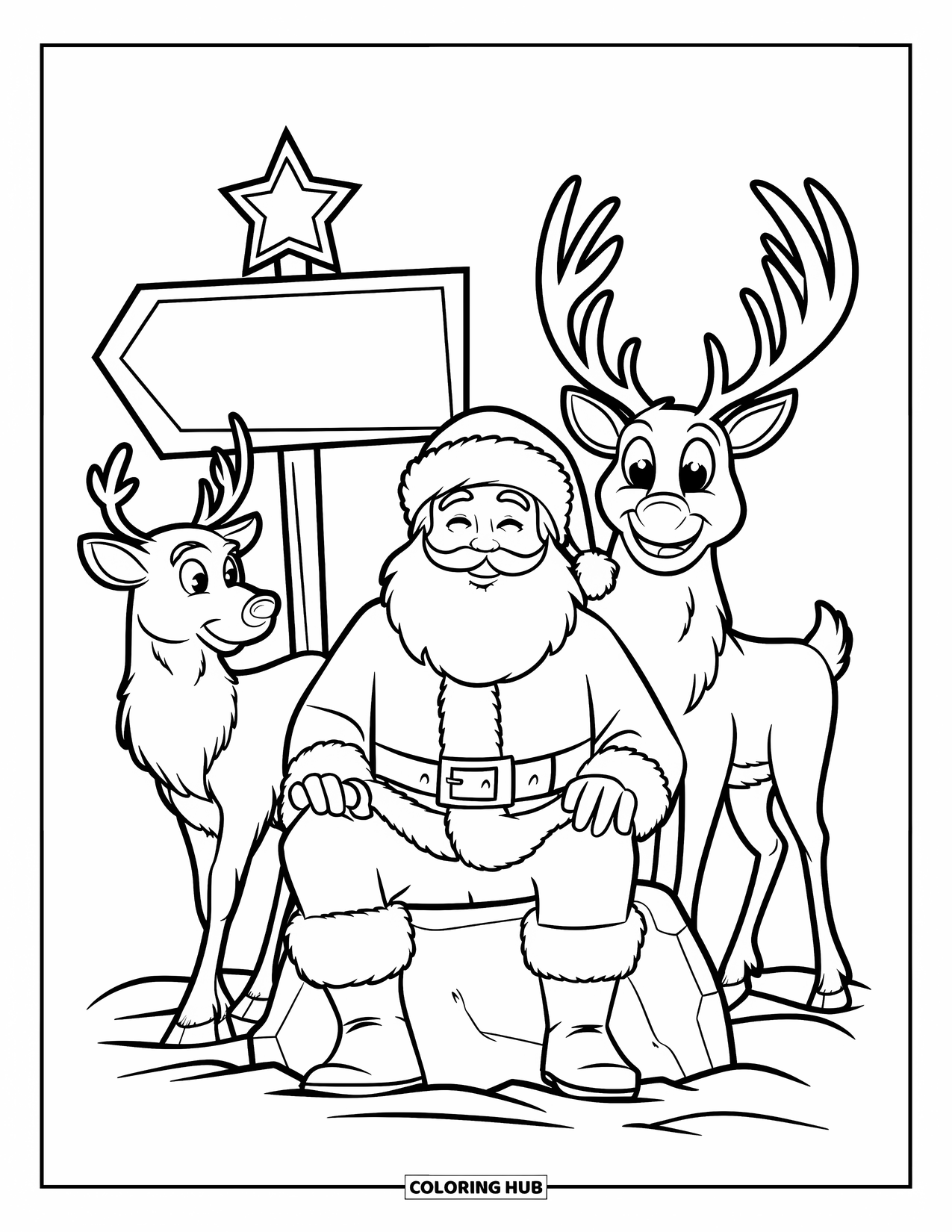 Santa And Reindeer Coloring Page for Kids: Santa and reindeer rest at the North Pole beside a snowy signpost