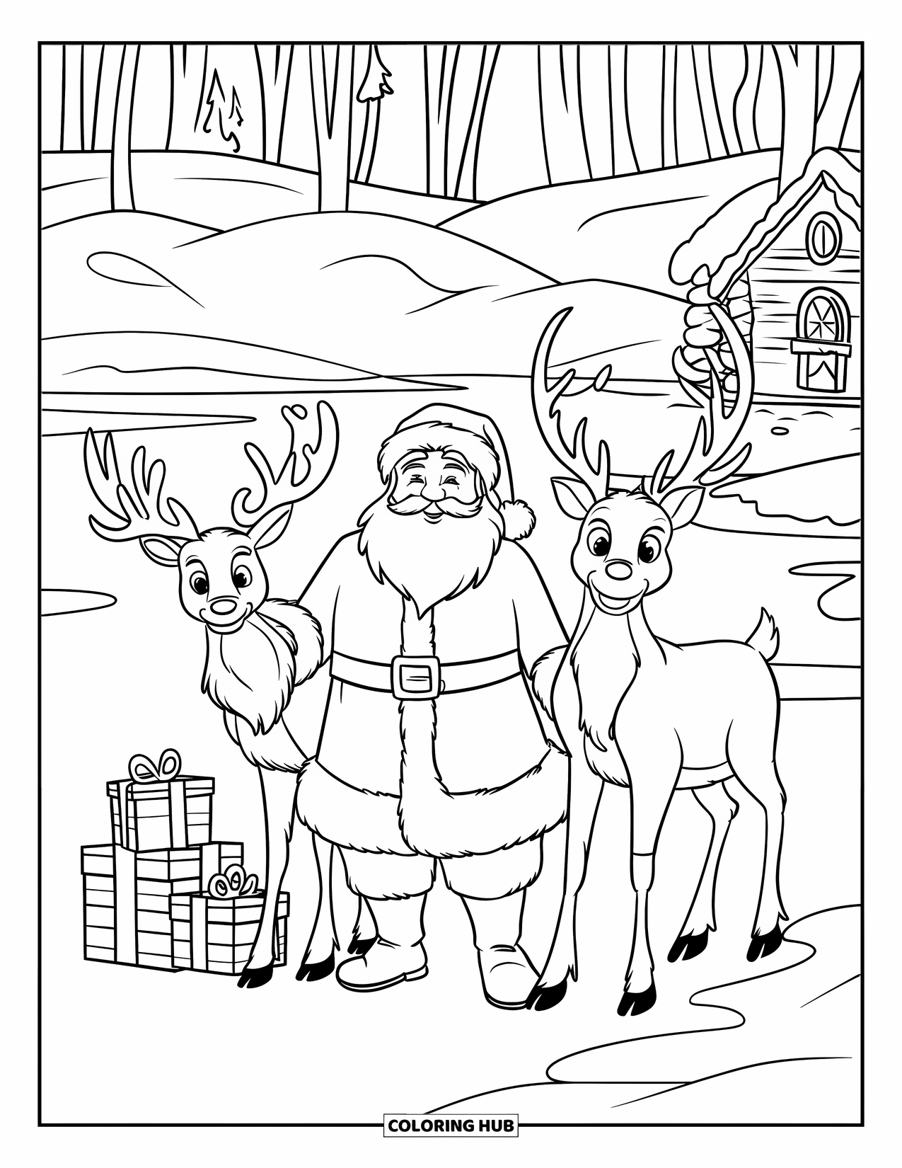 Santa And Reindeer Coloring Page for Kids: Santa and reindeer stand near a snowy cabin and a frozen lake