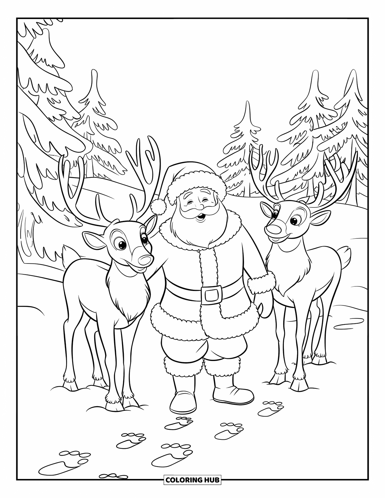Santa And Reindeer Coloring Page for Kids: Santa and reindeer walk through snowy pines under a clear sky