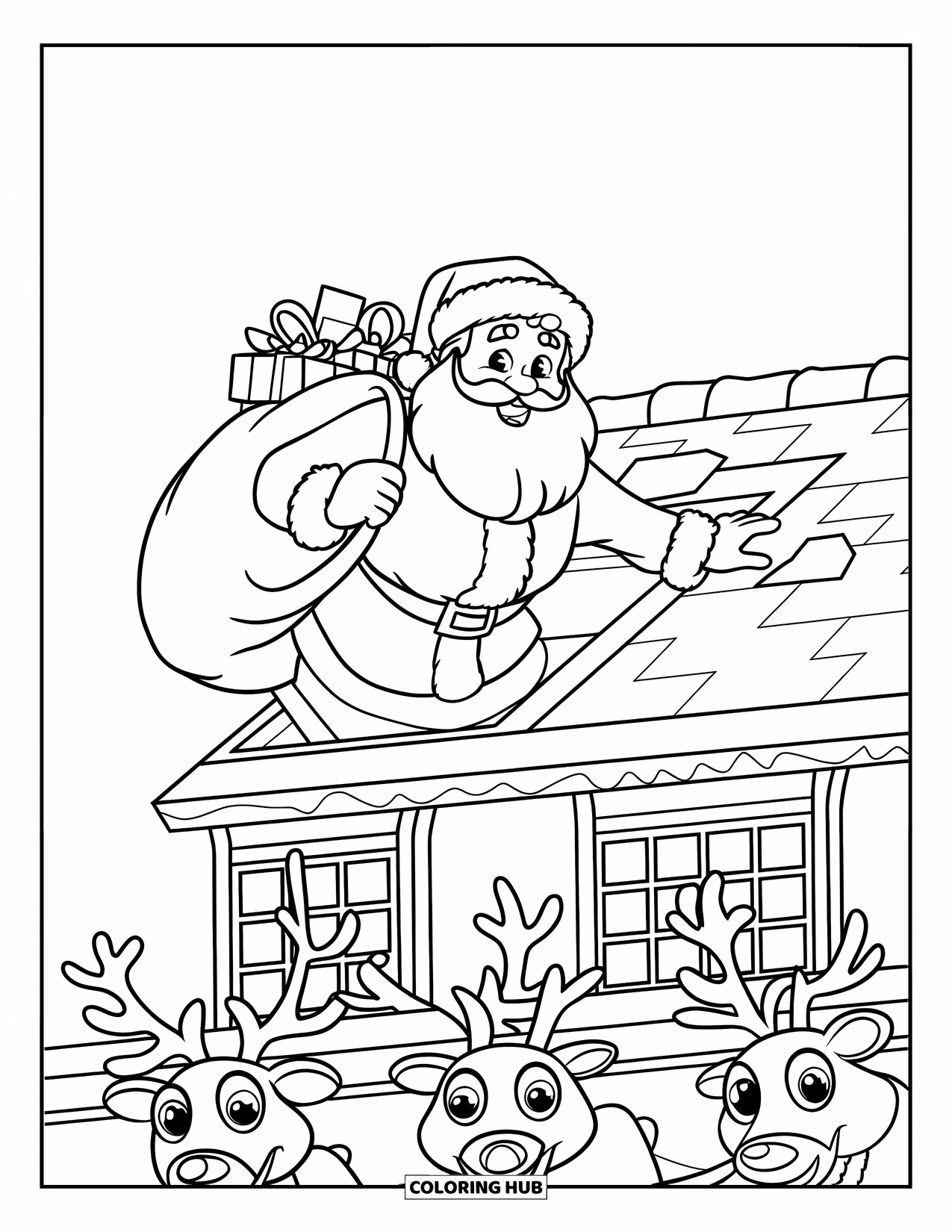 Santa And Reindeer Coloring Page for Kids: Santa climbs down a chimney with gifts as reindeer look up