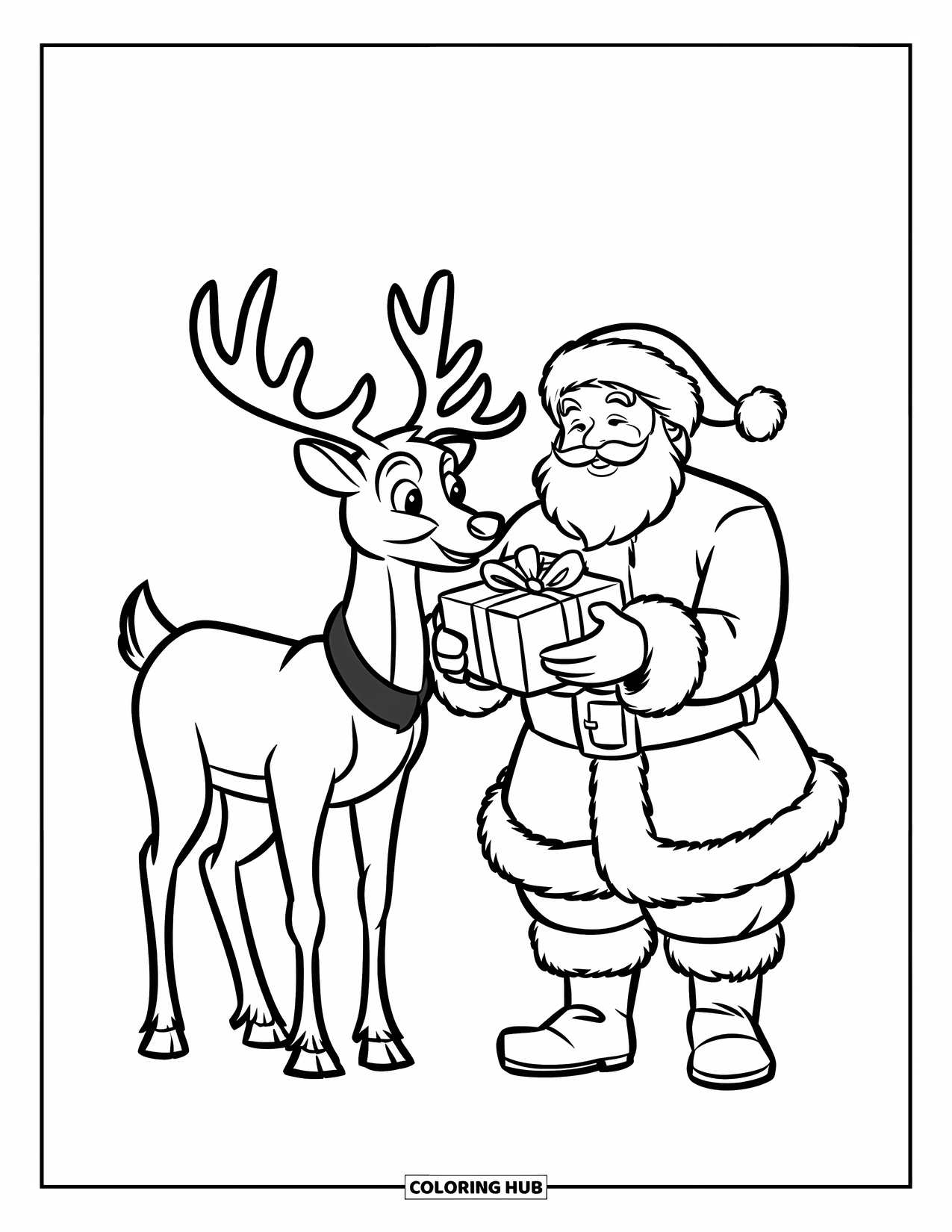 Santa And Reindeer Coloring Page for Kids: Santa gives a present to a reindeer wearing a green collar