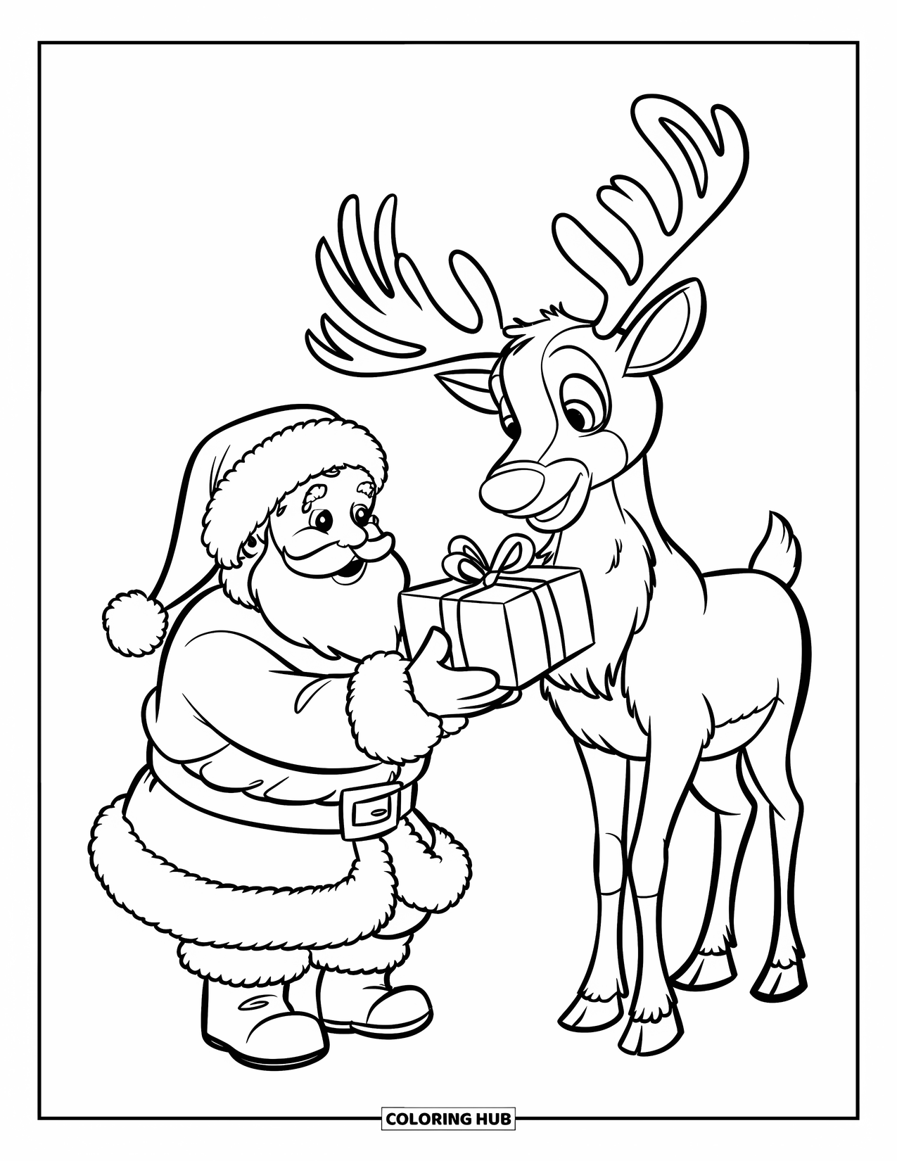 Santa And Reindeer Coloring Page for Kids: Santa gives a ribbon-wrapped gift to a curious reindeer