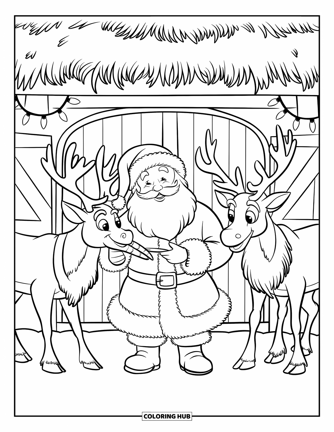 Santa And Reindeer Coloring Page for Kids: Santa gives carrots to reindeer near a decorated stable in the snow
