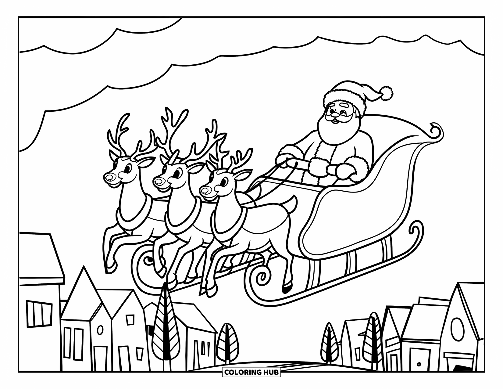 Santa And Reindeer Coloring Page for Kids: Santa rides with three reindeer over snowy houses and trees