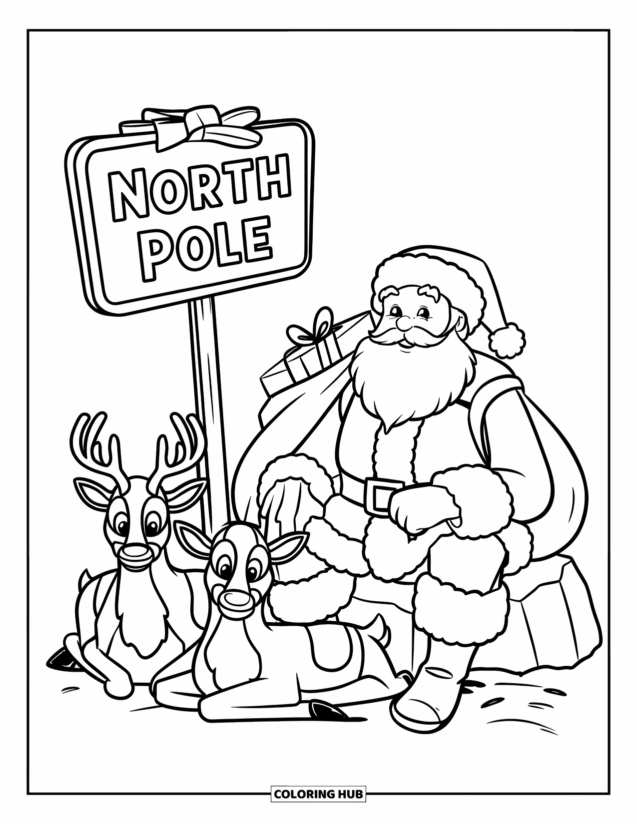 Santa And Reindeer Coloring Page for Kids: Santa sits on a rock beside resting reindeer at the North Pole