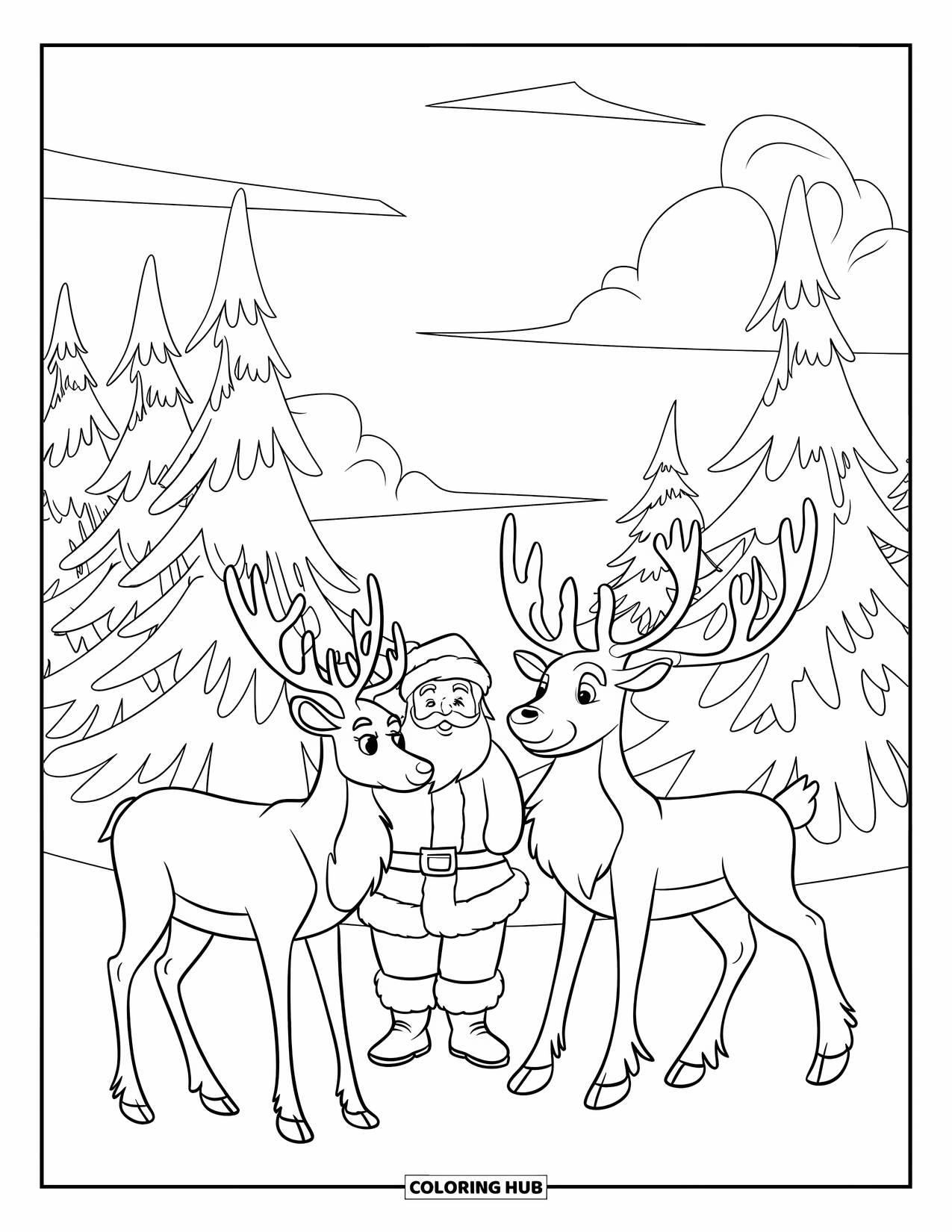 Santa And Reindeer Coloring Page for Kids: Santa stands beside a reindeer in a snowy pine forest