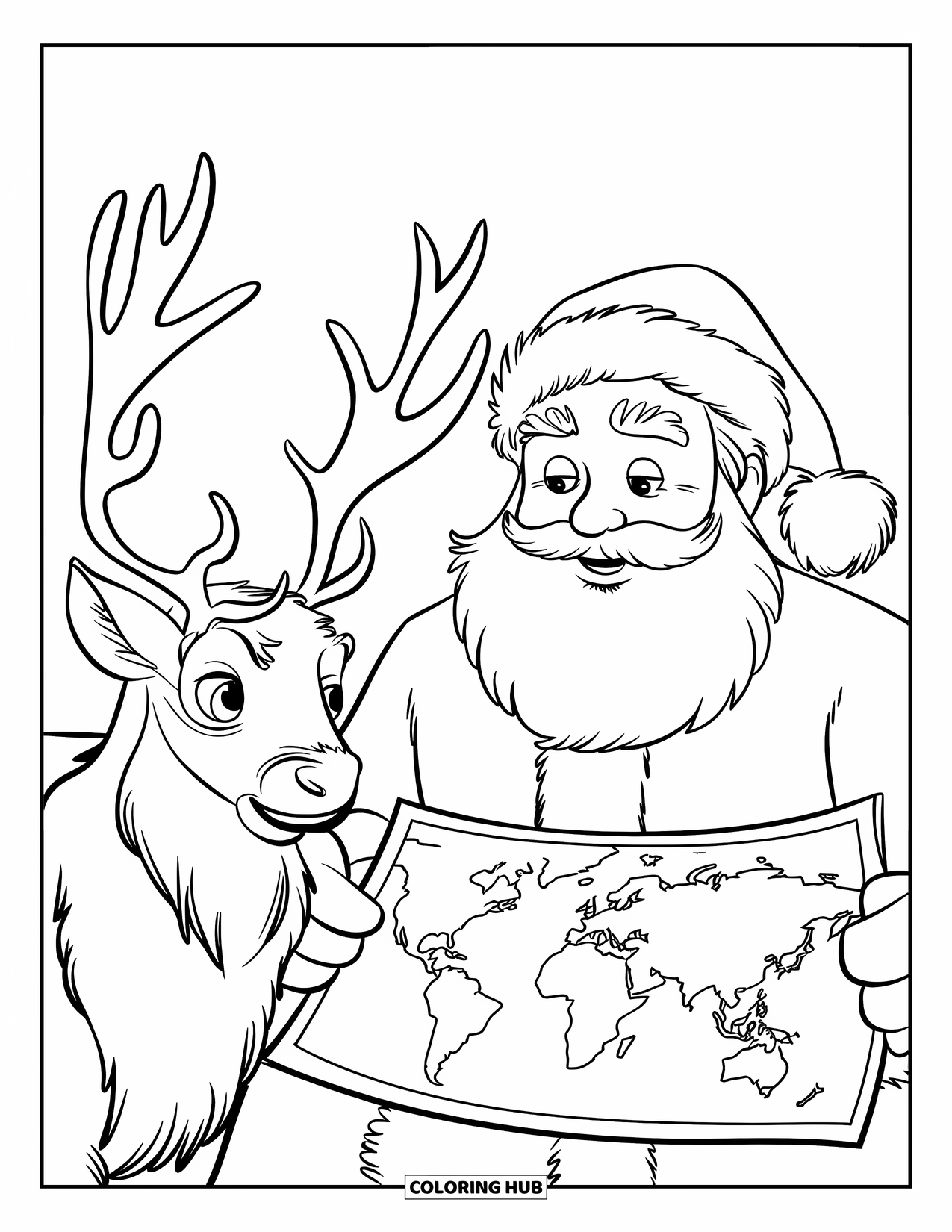 Santa And Reindeer Coloring Page for Kids: Santa studies a world map beside a reindeer with swirling antlers