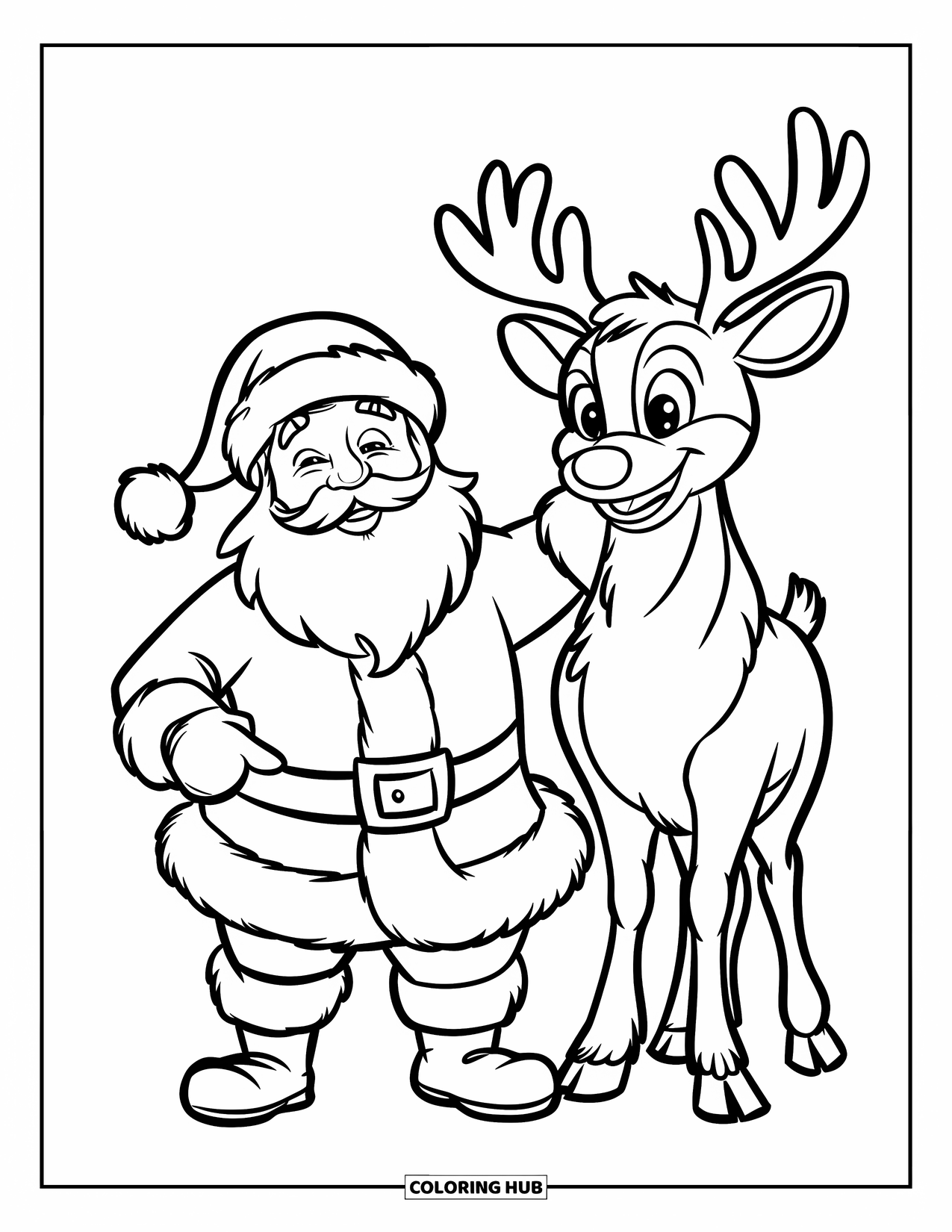 Santa And Reindeer Coloring Page for Kids: Santa waves beside a smiling reindeer with a clean white background
