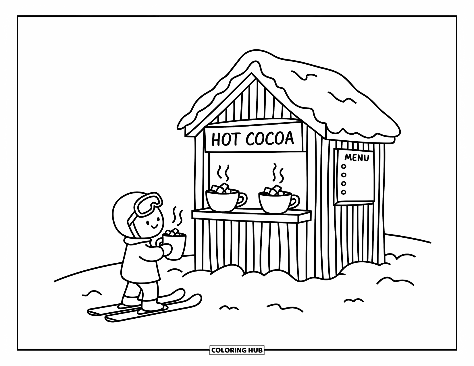 Skiing Coloring Page for Adults: A child enjoys hot cocoa at a cozy stand on a snowy ski trail