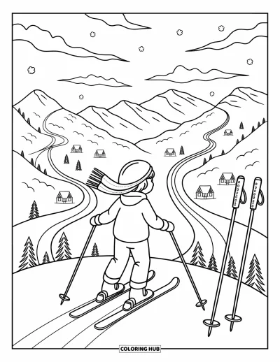 Coloriage de ski pour adultes : Un enfant skieur admire la vue sur la vallée depuis un pic de montagne enneigé