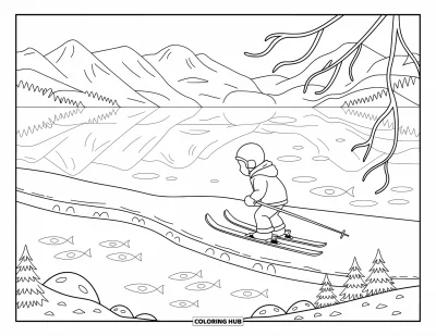 Coloriage de ski pour adultes : Un enfant skieur longe un lac gelé avec des poissons qui scintillent sous la glace