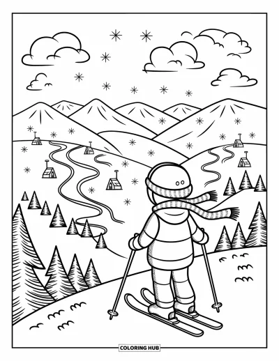 Coloriage de ski pour adultes : Un enfant se tient au sommet enneigé et contemple des chalets, des remontées mécaniques et des pistes de ski