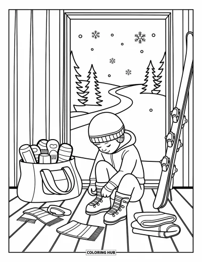 Coloriage de ski pour adultes : Un enfant lace ses chaussures de ski dans un chalet douillet avec une vue enneigée à travers la fenêtre