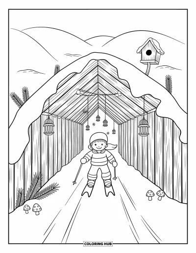 Coloriage de ski pour adultes : Un enfant heureux skie à travers un tunnel enneigé décoré de lanternes et de champignons