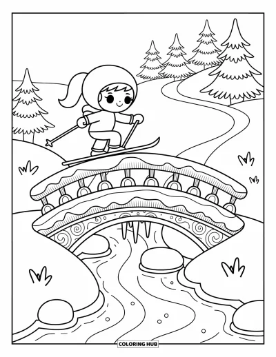 Coloriage de ski pour adultes : Un petit skieur traverse un pont recouvert de neige au-dessus d'un ruisseau gelé