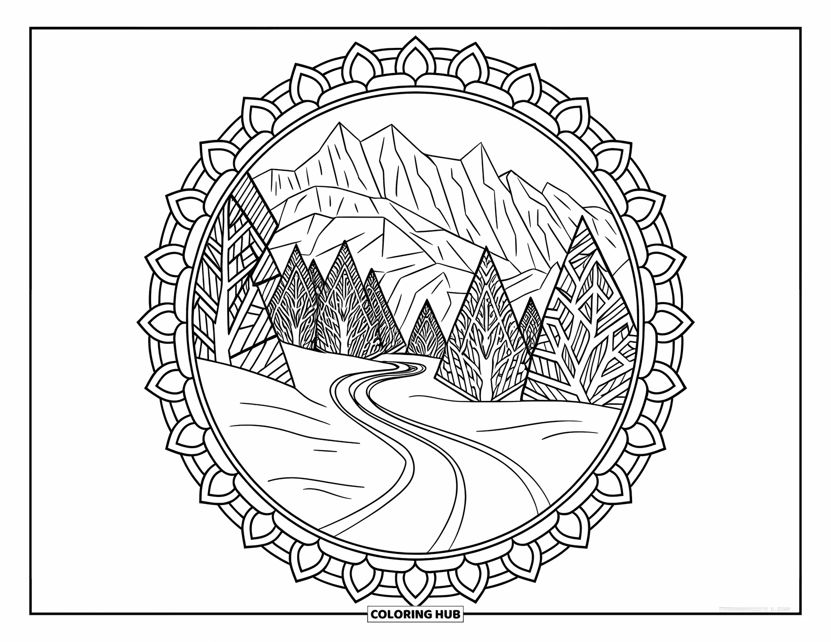 Skiing Coloring Page for Adults: A mandala with lotus borders frames a mountain trail through snowy woods