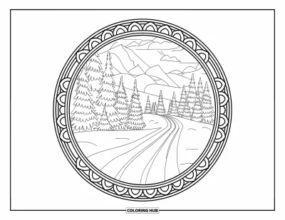 Coloriage de ski pour adultes : Un sentier forestier de montagne serpente dans la neige au cœur d'un mandala ornemental