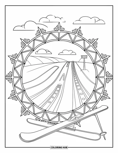 Coloriage de ski pour adultes : Une piste de ski paisible encadrée d'un mandala de flocons de neige et de formes géométriques