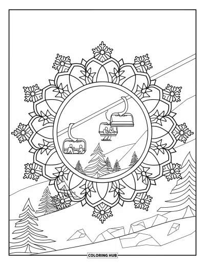 Coloriage de ski pour adultes : Un paysage de ski montagnard encadré d'un mandala de flocons et de motifs géométriques