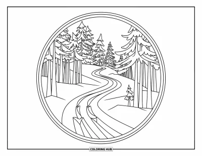 Coloriage de ski pour adultes : Une piste de ski traverse des arbres enneigés à l'intérieur d'un cadre de mandala circulaire