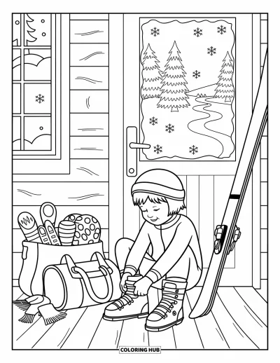 Coloriage de ski pour adultes : Un skieur se prépare dans un chalet entouré d'équipements et de fenêtres givrées