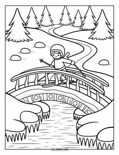 Coloriage de ski pour adultes : Un skieur glisse sur un étroit pont enneigé bordé de glaçons et de sapins