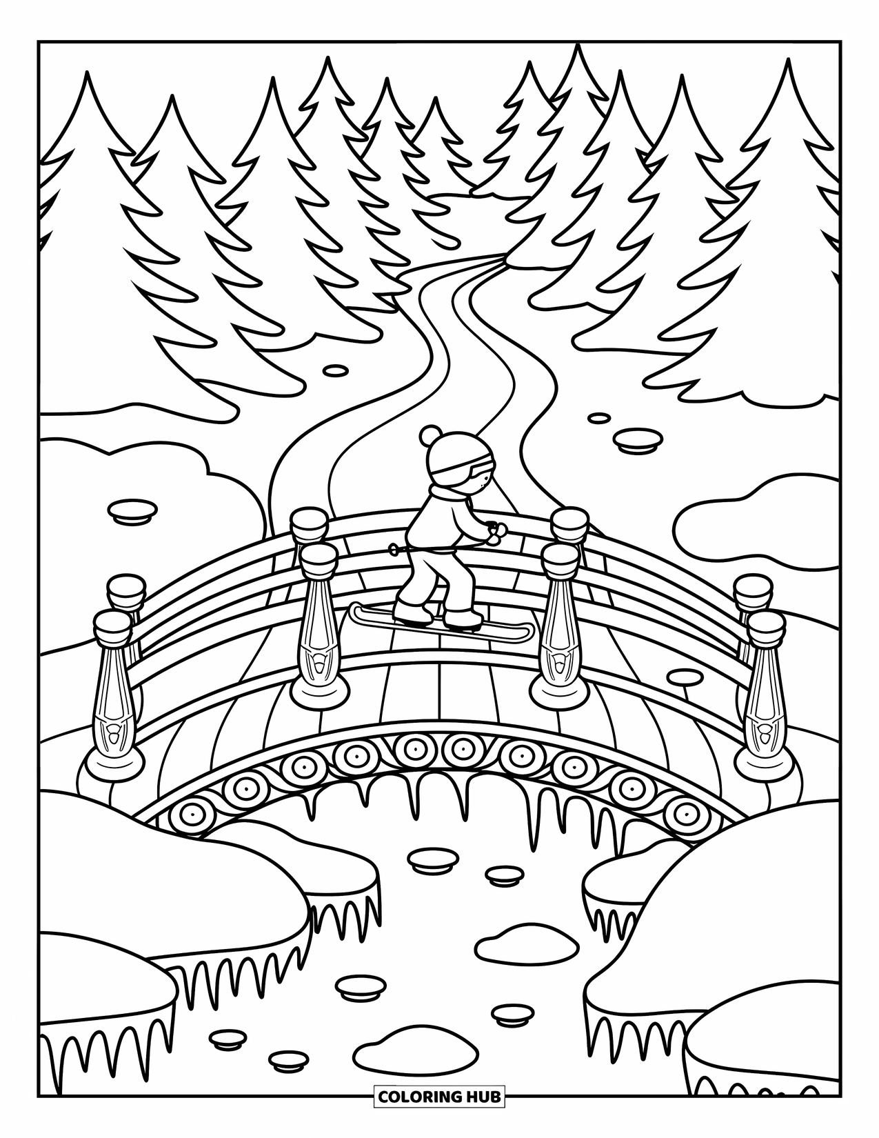 Skiing Coloring Page for Adults: A skier moves across a wooden bridge toward pine trees and winding trails
