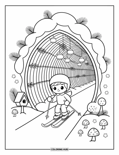 Coloriage de ski pour adultes : Un skieur passe dans un tunnel enneigé bordé de lanternes et de branches de sapin