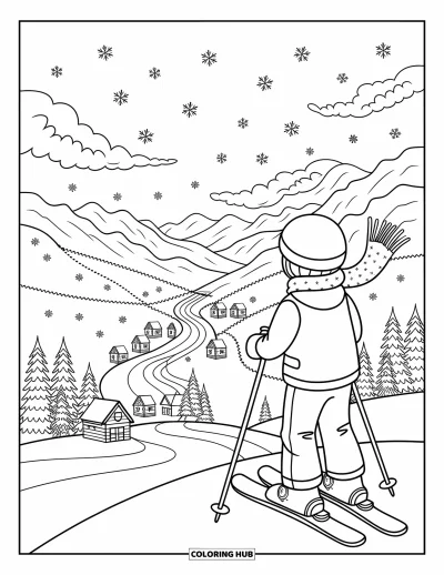 Coloriage de ski pour adultes : Un skieur s'arrête au sommet d'une montagne et contemple les pistes sinueuses et les remontées mécaniques