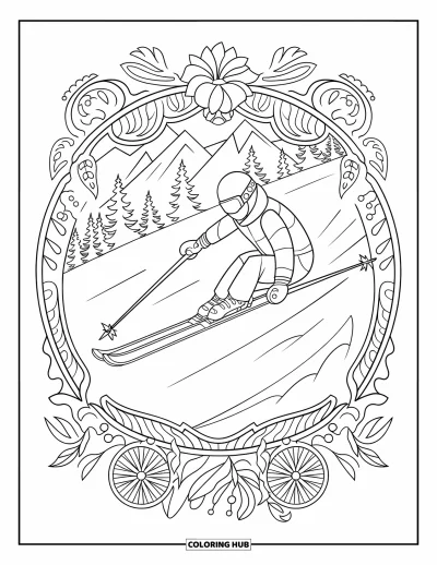 Coloriage de ski pour adultes : Un skieur dévale la pente entouré de lianes florales et d'arbres coiffés de neige