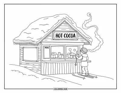 Coloriage de ski pour adultes : Un skieur sip son cacao près d'un stand en bois rustique baigné de lumière hivernale