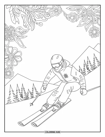 Coloriage de ski pour adultes : Un skieur passe devant des arbres encadrés de lianes fleuries et de motifs enneigés
