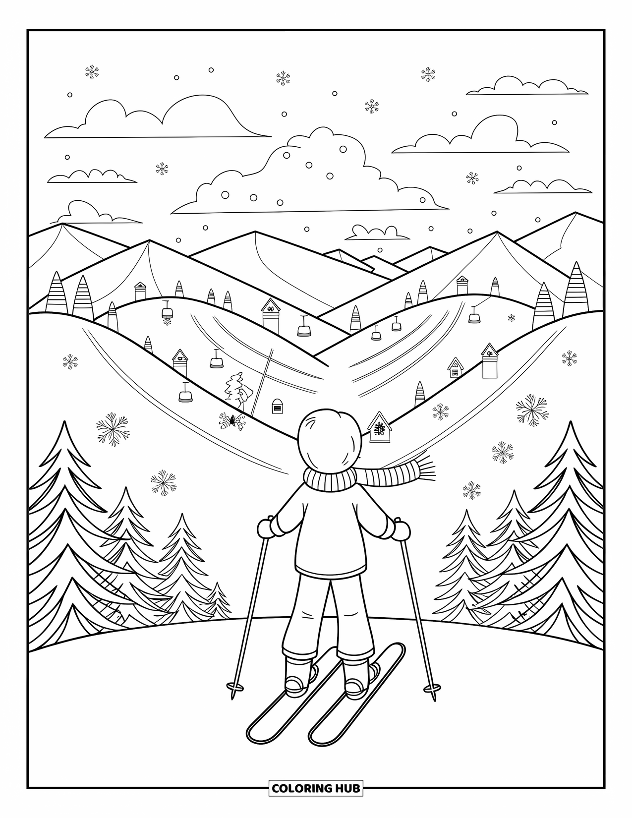 Skiing Coloring Page for Adults: A skier stands atop a mountain, gazing over snowy trails and tiny cabins below