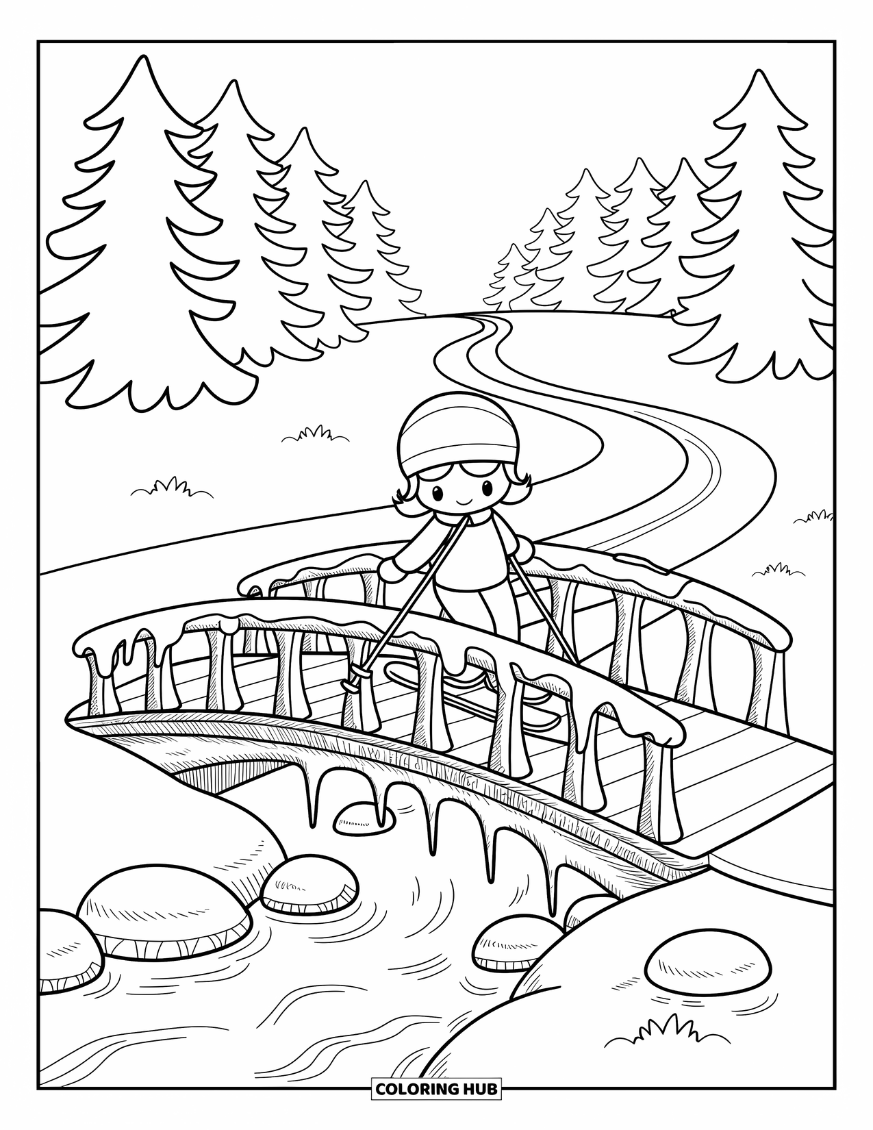 Skiing Coloring Page for Adults: A small skier crosses a wooden bridge over a frozen stream with snowy railings