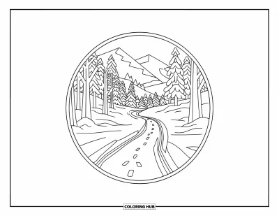 Coloriage de ski pour adultes : Un sentier enneigé bordé d'arbres serpente à l'intérieur d'un mandala forestier circulaire