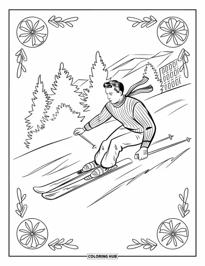 Coloriage de ski pour adultes : Un skieur vintage dévale la pente dans un élégant cadre de bordures florales