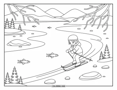 Coloriage de ski pour adultes : Un jeune skieur glisse gracieusement le long d'un lac gelé sous des arbres enneigés