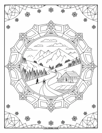 Coloriage de ski pour adultes : Des skieurs glissent sur des pistes de montagne entourés d'un mandala de flocons de neige