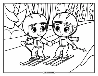 Coloriage de ski pour enfants : Un garçon et une fille skient main dans la main sous des arbres couverts de neige