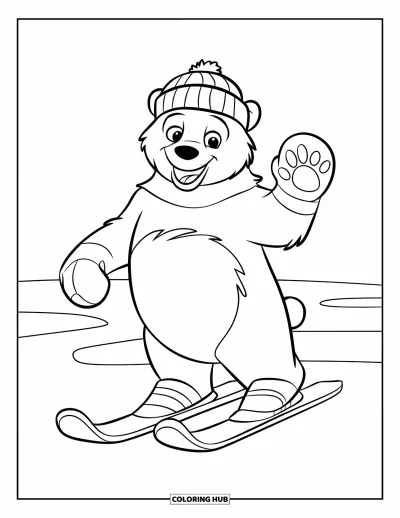 Coloriage de ski pour enfants : Un ours joyeux avec un bonnet glisse sur une clairière enneigée à skis