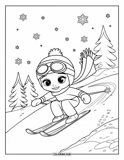 Coloriage de ski pour enfants : Un enfant skieur joyeux descend doucement la pente avec l'écharpe qui voltige