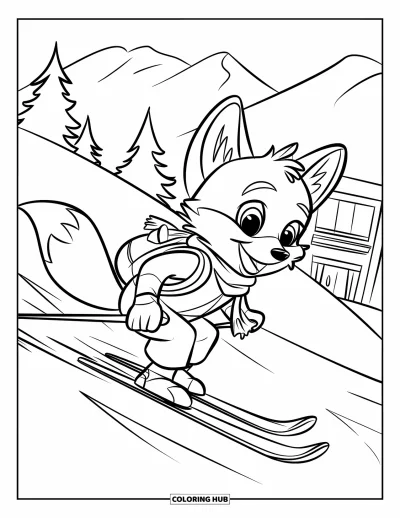 Coloriage de ski pour enfants : Un renard joyeux avec une écharpe dévale la pente avec un sac à dos qui sautille