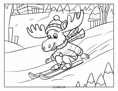 Coloriage de ski pour enfants : Un élan joyeux avec une écharpe dévale une petite colline dans la forêt