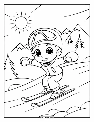 Coloriage de ski pour enfants : Un garçon chibi skie les bras grands ouverts sous le soleil hivernal
