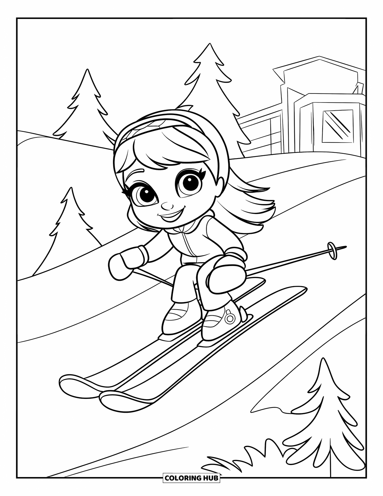 Skiing Coloring Page for Kids: A chibi girl skis downhill smiling, scarf and hair flowing behind