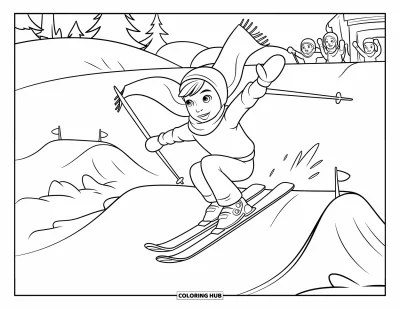 Coloriage de ski pour enfants : Un enfant skieur s'élance d'une pente douce entourée d'arbres et de drapeaux